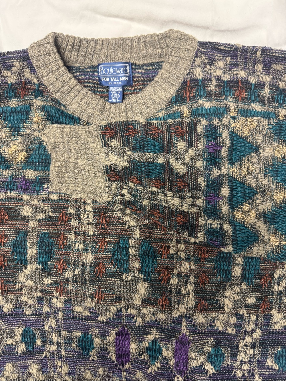 Boulevard Men’s Teal & Beige Patterned Crewneck Sweater
